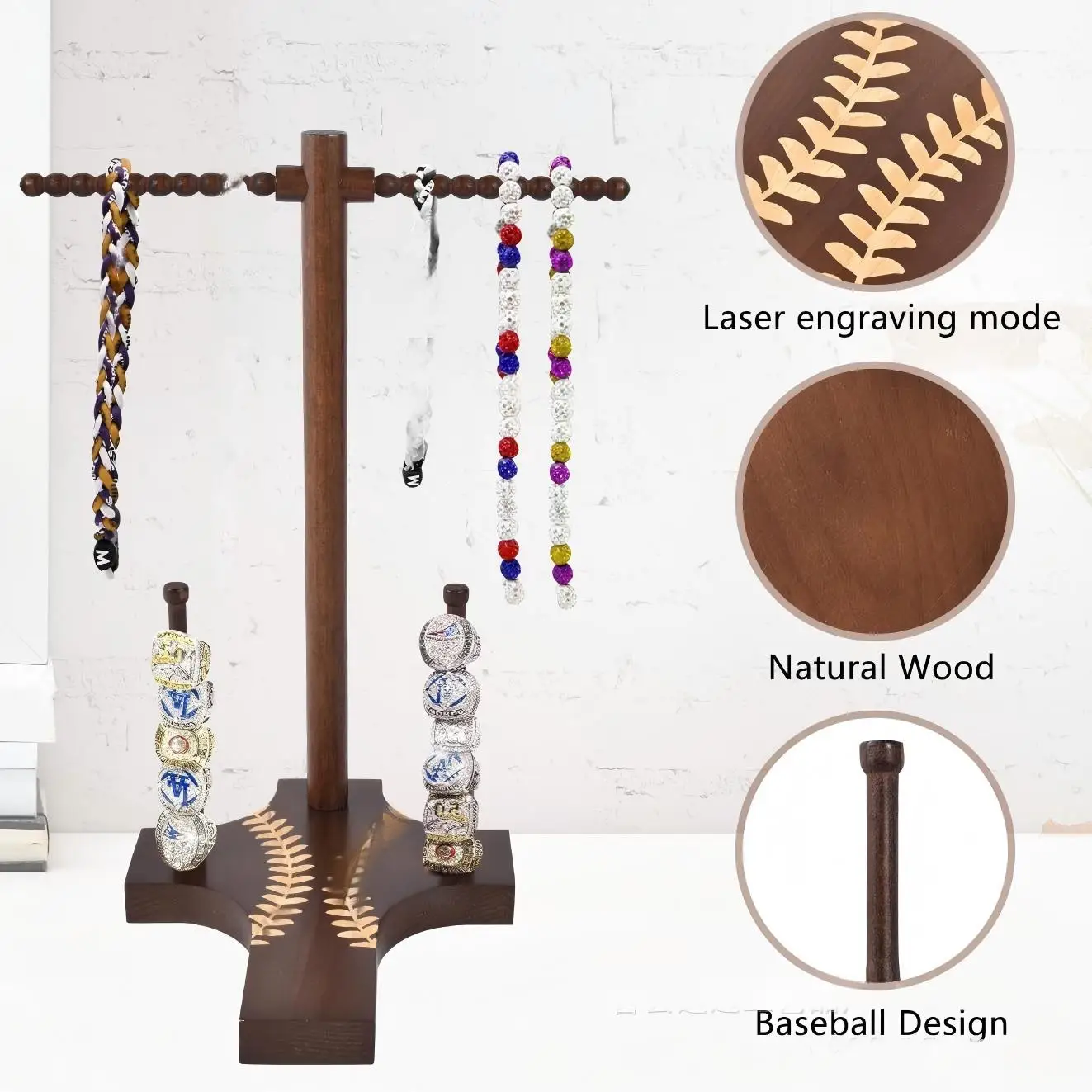 Wooden Baseball Ring Holder Stacked Softball Jewelry Stand Championship Medal Display Rack