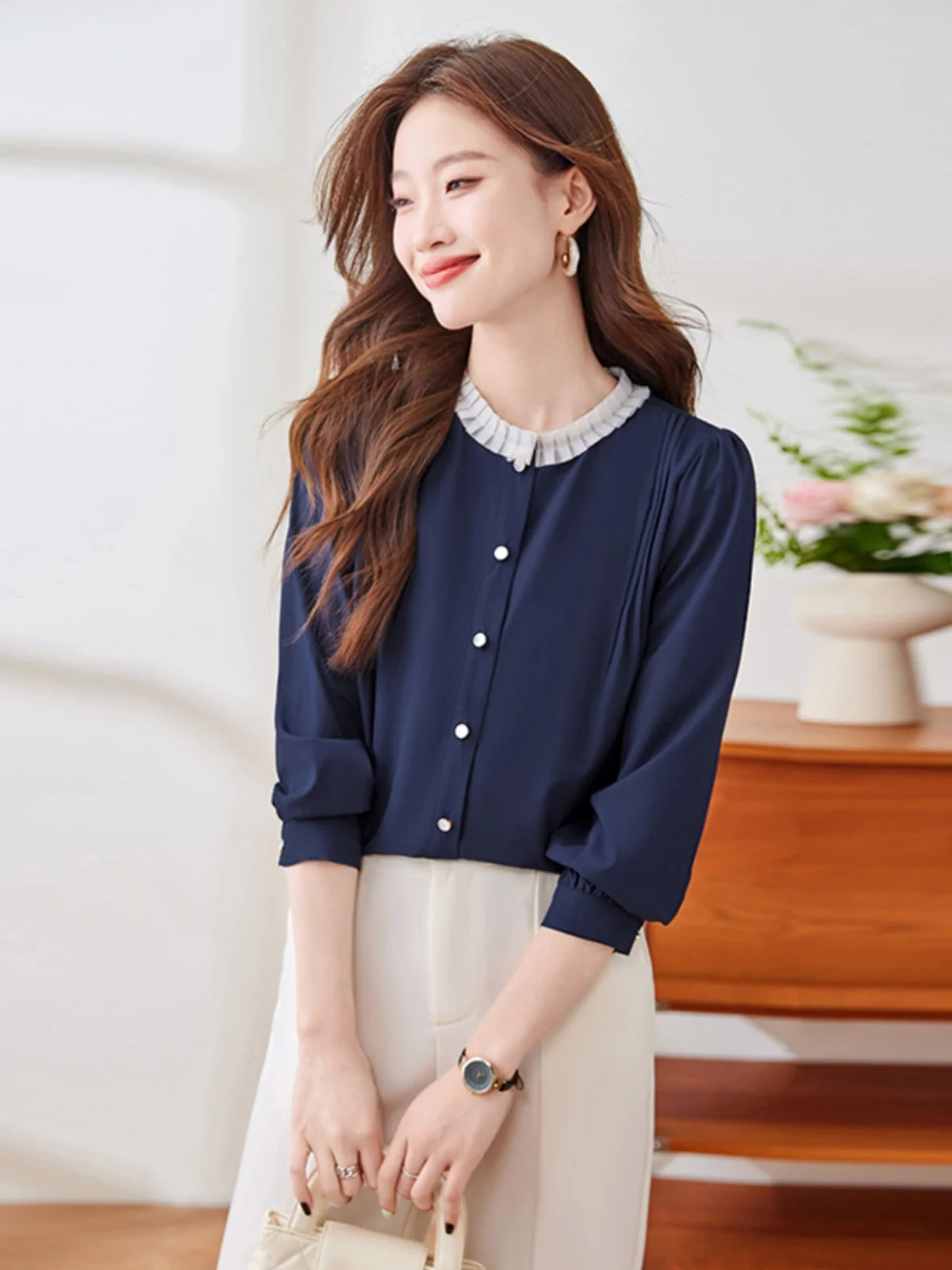 Fashionable Korean Style Ruffle Collar Women's Shirt Loose Slimming Chiffon Top Autumn New Arrival Elegant Sensation