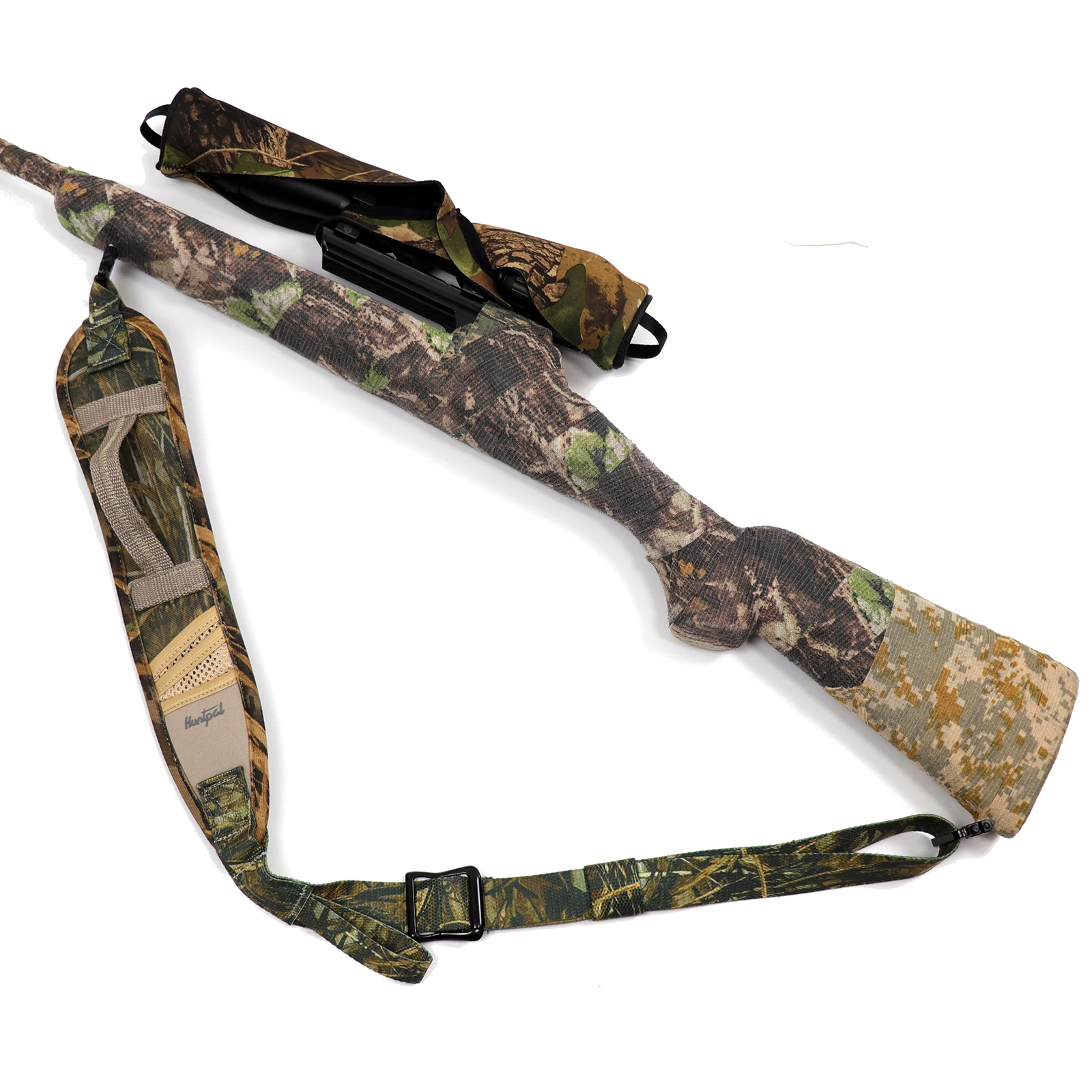 Sangle de fusil tactique à 2 points, camouflage, bandoulière avec poche et poignée, sangle de fusil réglable en néoprène pour la chasse en plein air