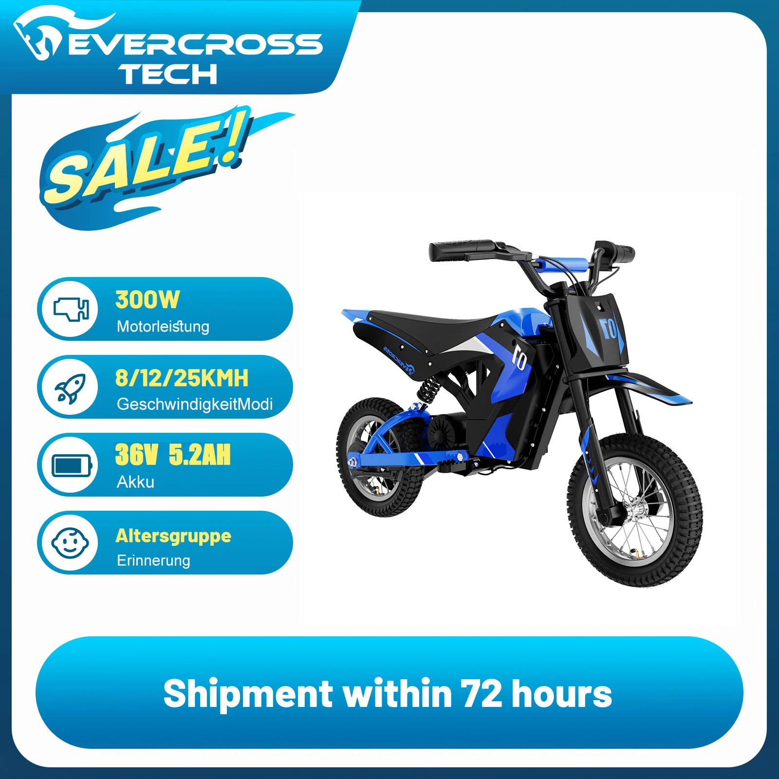 EVERCROSS TECH Moto Électrique Enfant EV12M - Moteur 300W, Vitesse Max 25 km/h, Autonomie 15 km, Pneus 12 Pouces