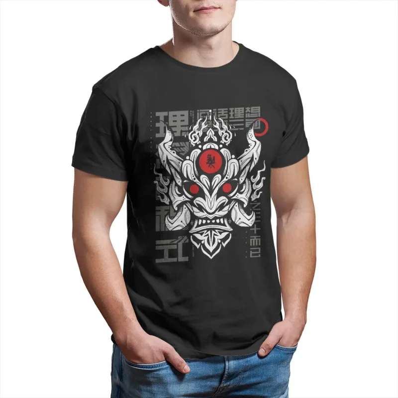 

Men's Japanese Samurai Hannaya Demon Mask T Shirt Pure Cotton Tops Unique Short Sleeve Round Collar Tees Graphic T-Shirts