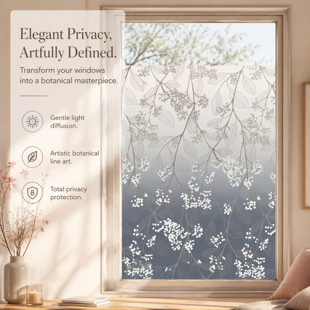 Botanical Frosted Window Film Privacy Heat Insulation Anti-Splash Static Cling Decorative Floral for Office Bathroom Home
