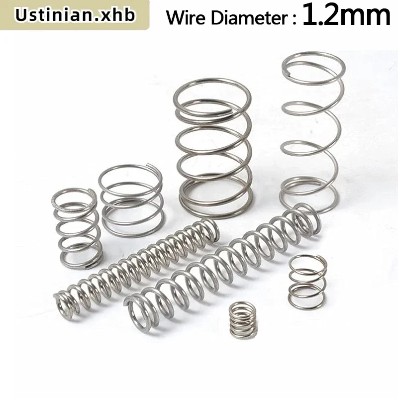 304 aço inoxidável espiral retorno compressão mola, diâmetro do fio: 1.2mm, diâmetro exterior: 7-22mm, comprimento: 10-100mm, 10pcs