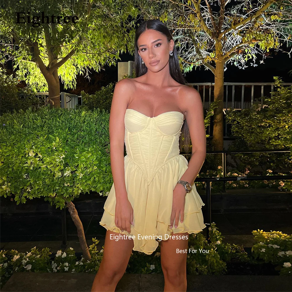 

Eightree Light Yellow Prom Dresses Short Strapless Sexy Chiffon Pleat Cocktail Dresses Party Grown Dresses for Women 2024