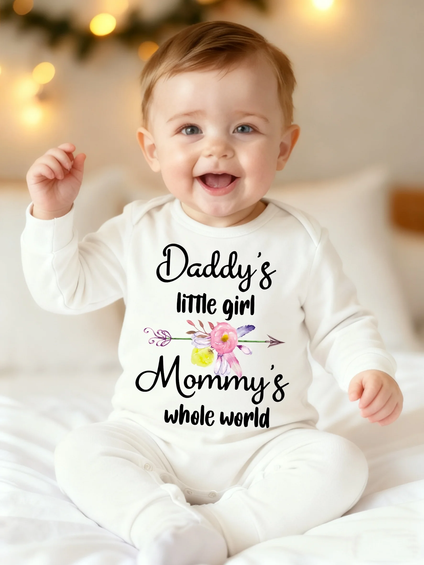 Daddy’s Little Girl Mommy’s Whole World Baby Footed Onesie Floral Arrow Print Long Sleeve Romper Newborn Baby Girl Gift