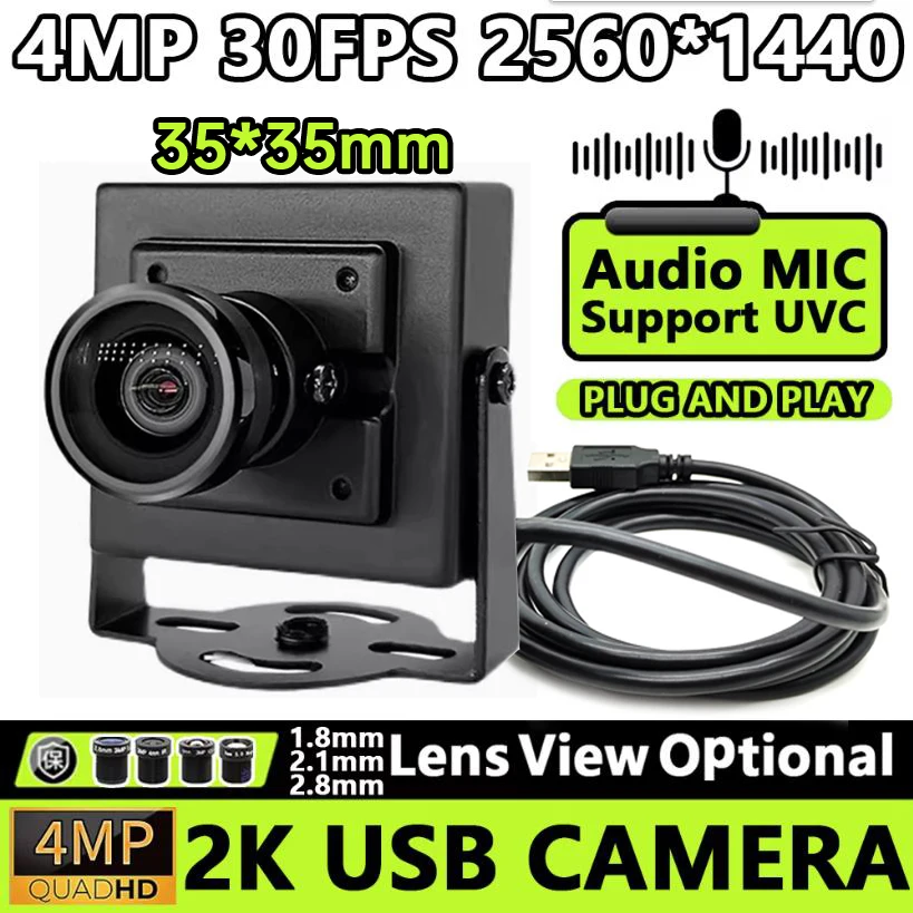

2K 4MP 2560*1440 30FPS 2,1 мм/1,8 мм/2,8 мм Широкоугольный рыбий глаз без искажений Мини-USB Веб-камера UVC Plug And Play Микрофон Аудио Металлическая камера