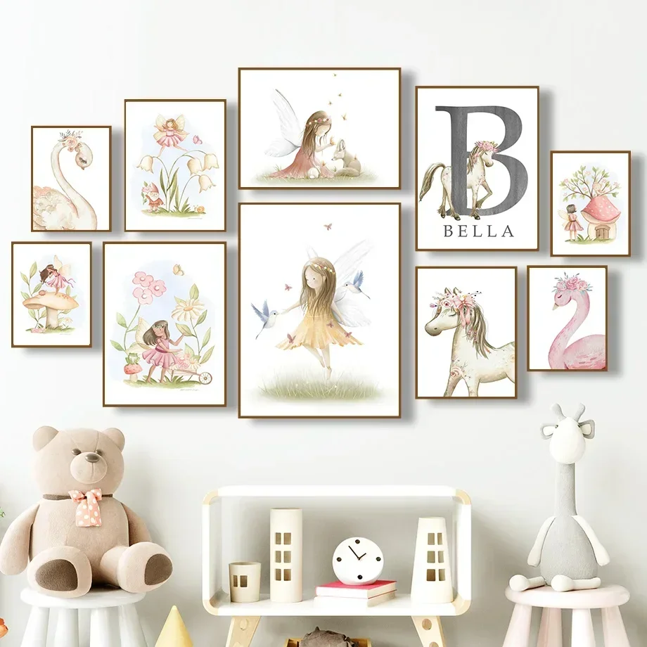

Fairy Swan Horse Bird Flower Name Custom Wall Art Nordic PostersCanvas Painting And Prints Wall Pictures Girl Kids Room Decor