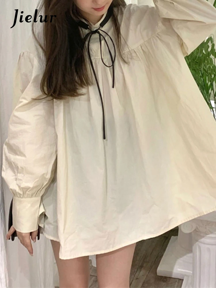 Jielur Solid Color Elegant Lady Dress Long Sleeve Sweet Girls Dresses Spring Summer Simple Mini Dress Casual One Piece Dress Y2k