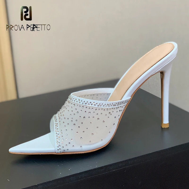 

Diamond Mesh Slippers 10.5cm Thin Heel Elegant Women Pointed Fish-mouth Toe All Match OL Daily Sapatos Summer Designer Slides