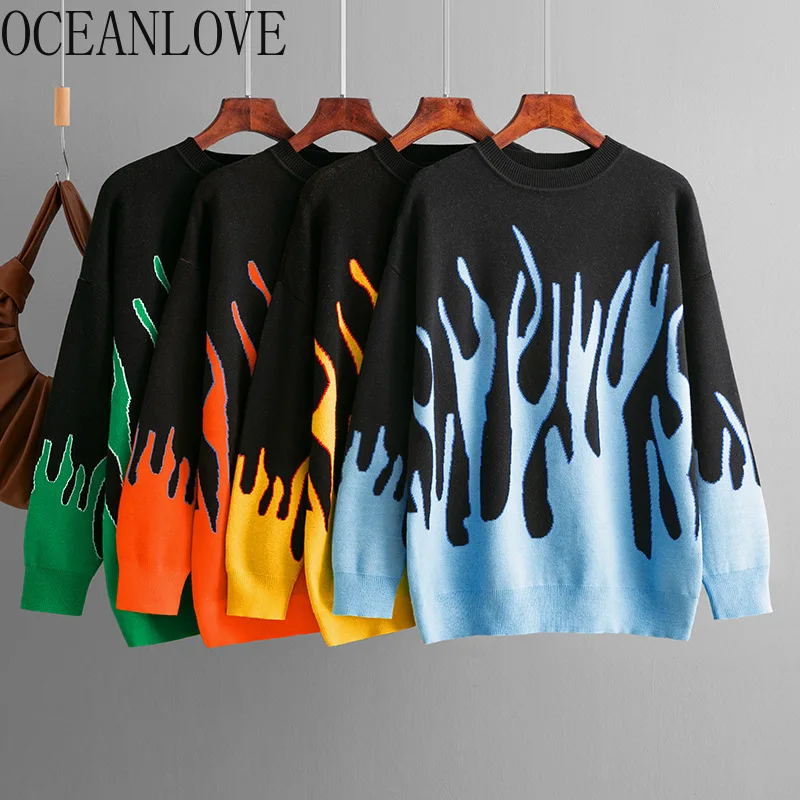 OCEANLOVE Print Fire Women Sweaters Y2k Harajuku Ins Fashion Vintage Autumn Winter Pull Femme Loose Thick Warm Pullovers