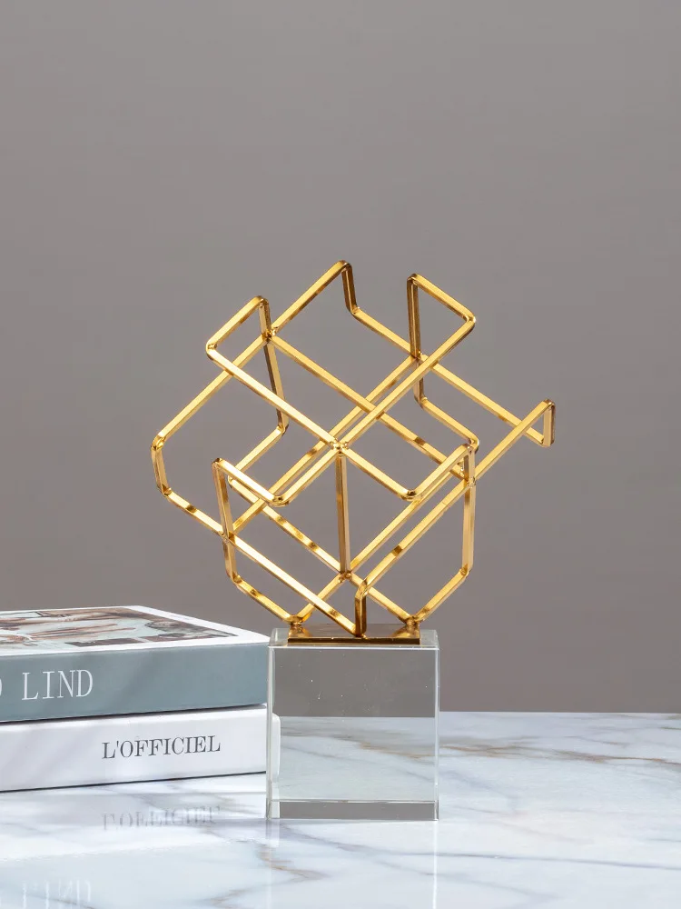 

Nordic light luxury home, living room, dining table, golden geometric decoration, creative crystal room, office desk decoration