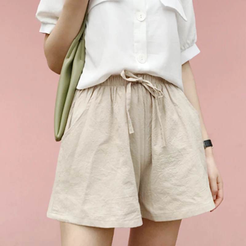 المرأة القطن والكتان قصيرة ، الكورية ، فضفاض ، طيات الصلبة ، ارتفاع الخصر ، السراويل عارضة الإناث ، الصيف ، كل مباراة ، السيدات الرياضية ، جديد ، Y2K #2