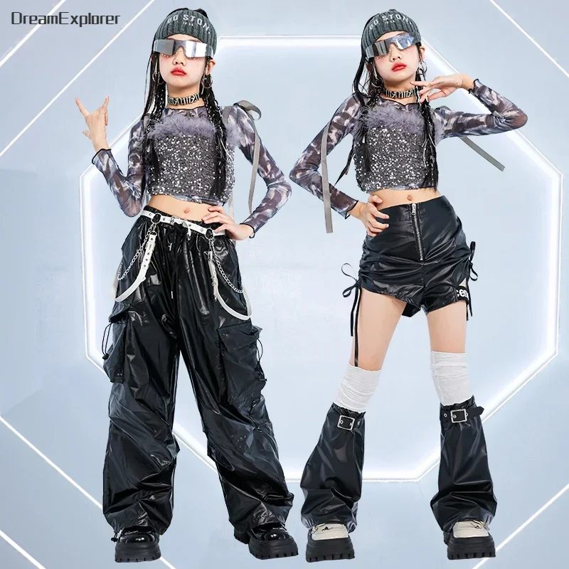 Hip Hop Girls K-pop Sequin Crop Top Street Dance Pu Leather Pants Kids Streetwear Shiny Shorts Child Jazz Costumes Clothes Sets