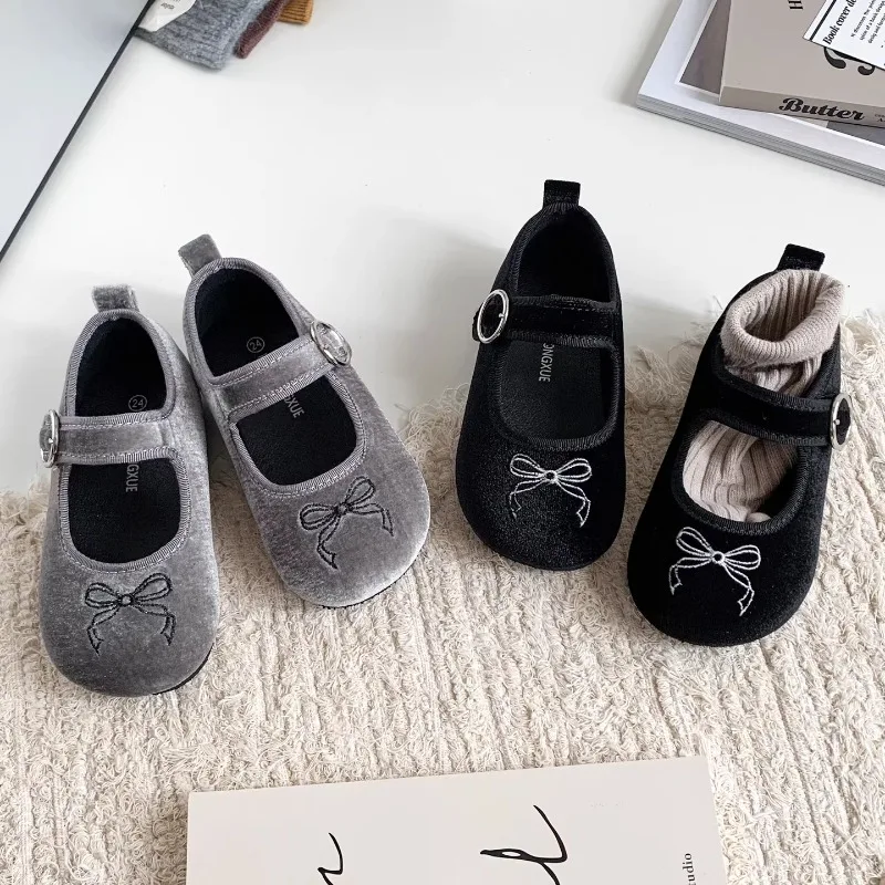 Girls Suede Mary Jane Shoes Bow Embroidery Kids Leather Shoes Wedding Party Non-Slip Children Princess Shoes Daily Wear Causal