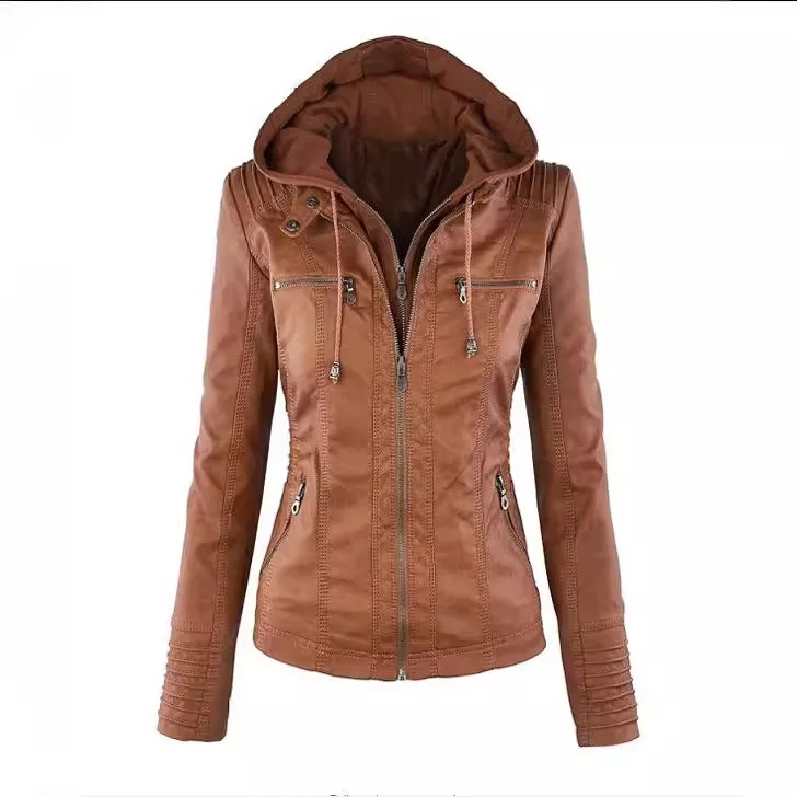 

Новая модная женская кожаная куртка-жакет с отстегивающимся воротником, длинным рукавом, цветной молнией, для мотоциклистов, Thiened Art...