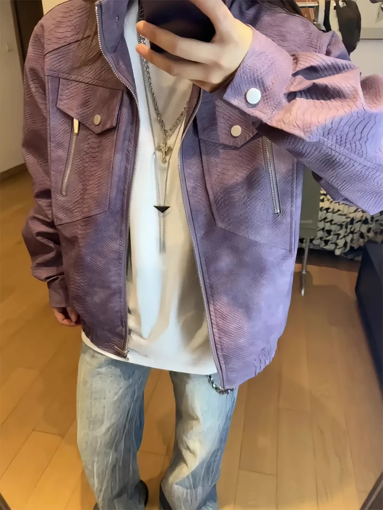 

Purple Snake Sc Flight Jaet Men's PU Leather Jaet American Sle CleanFit Motorcycle Clothes Spring High-End Sensation