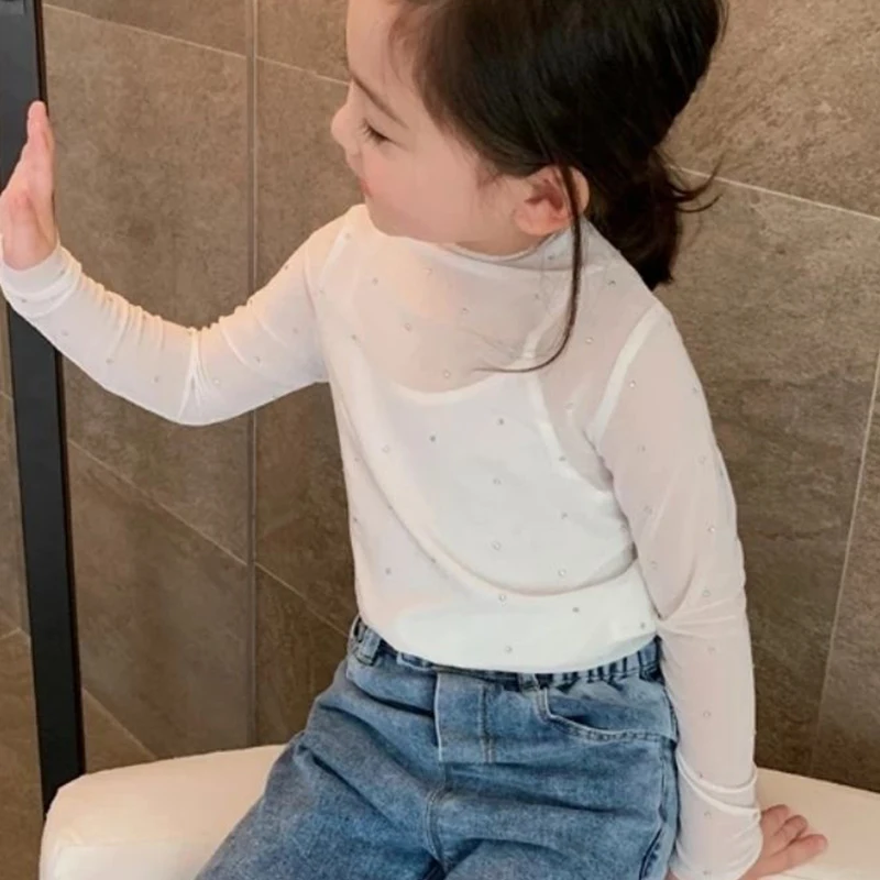 1pcs Children Mesh Tops Long Sleeve Tee Kids Sheer Glitter Fashion TShirts Girl Baby Base Tees Summer Child Daily Casual T-shirt