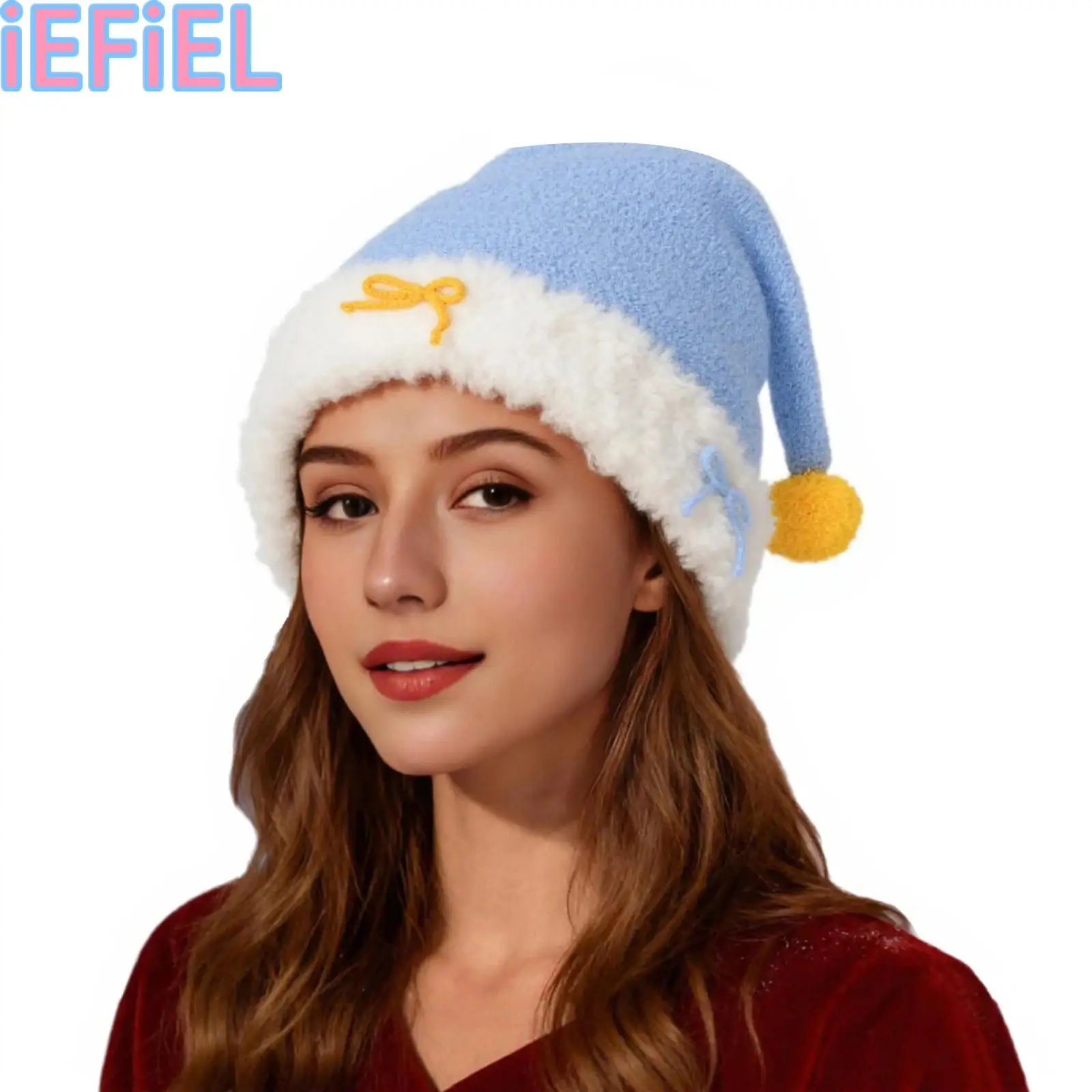 

Plush Christmas Hat Contrast Color Design Pompom Thickened Warm Xmas Hat for Women Festival Parties