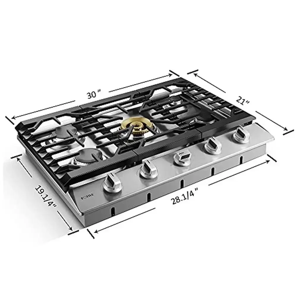 Stainless Steel 5-Burner Gas Cooktop Tri-Ring Center Burner Flame Failure Protection