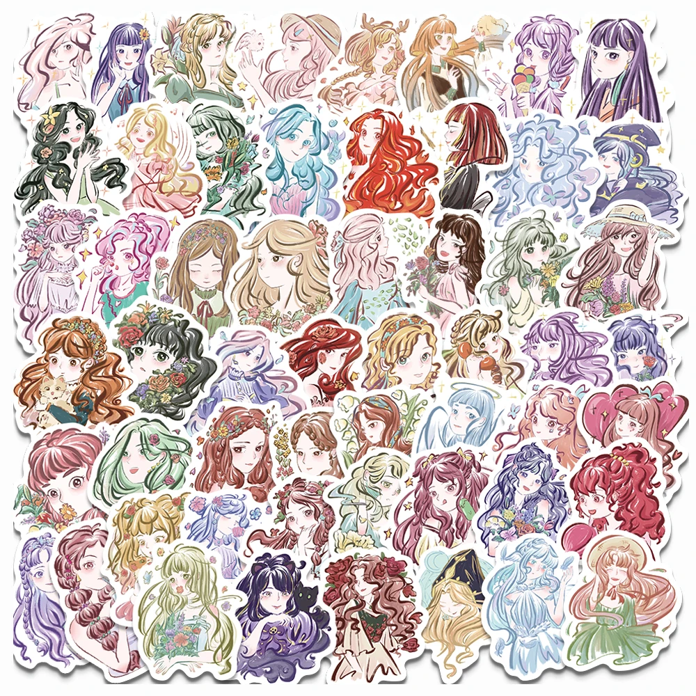 50PCS Anime Girl Illustration Stickers Cartoon Hand Drawn Decals For Phone Laptop Luggage Skateboard Scrapbook Girls Stickers