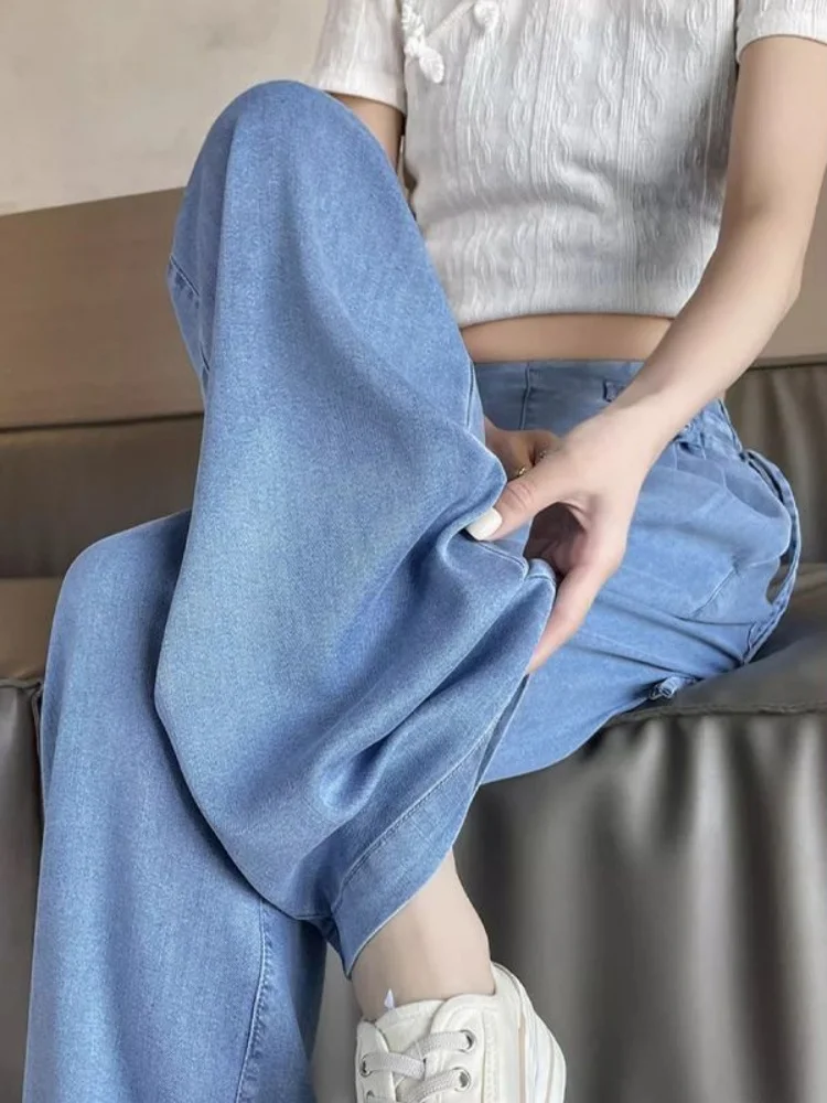 Summer Women's Ice Silk Casual Straight leg Pants Thin Chinese Style High Waist Wide Leg Jeans
