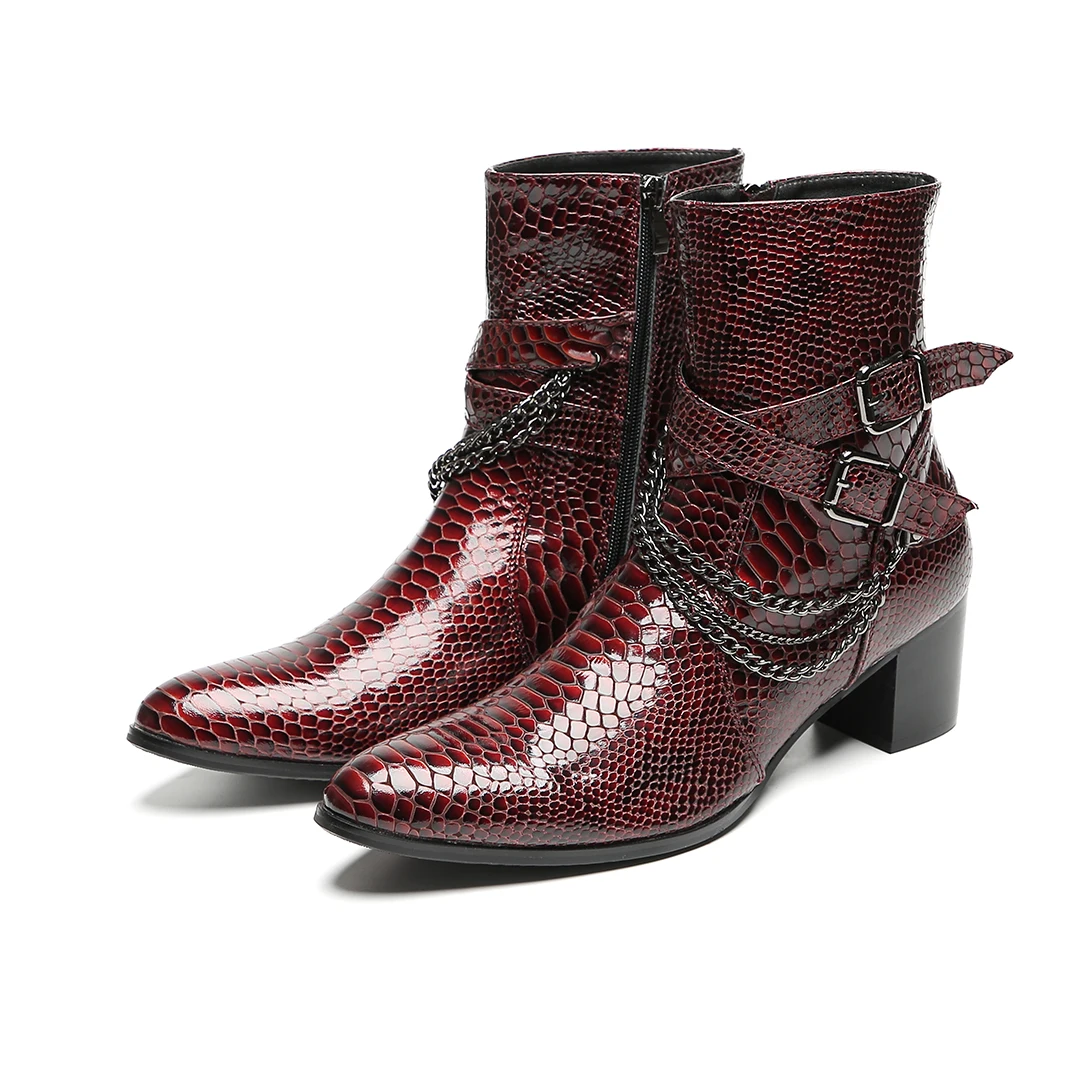 Herren-Stiefeletten aus burgunderrotem Schlangenleder: Kette, Schnallen, Reißverschluss, Blockabsatz | Partys, Bühne, Straße | Rock-Punk-Stil – Detail 4