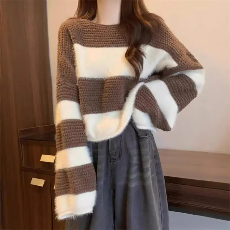 

New Stripe Sweater Girl Autumn Winter Fashion Jumper Minimalist Good-Looking Pullover Keep Warm Lazy Innerwear Loose Knitwear