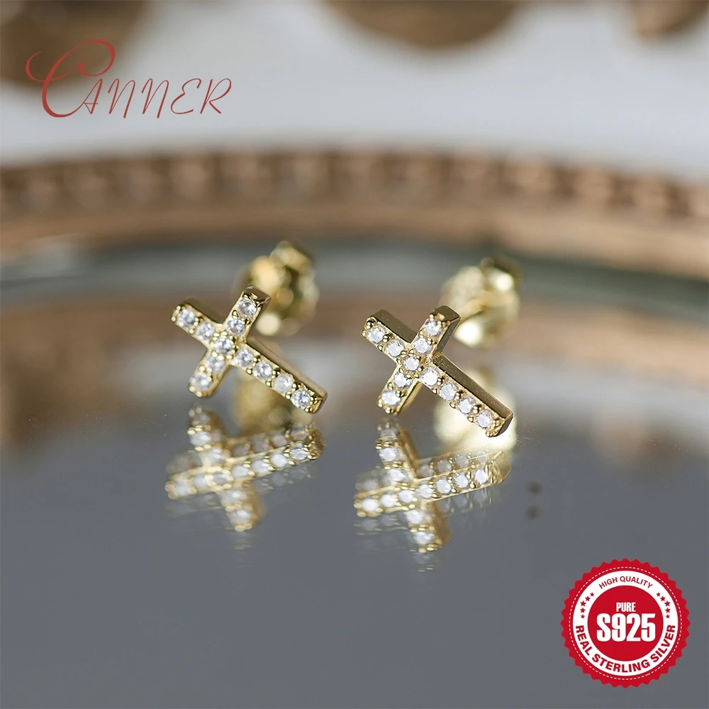 CANNER 925 Sterling Silver Rivet Star Pendant Piercing Stud Earring For Women Elegant Cross Design Party Birthday Gifts