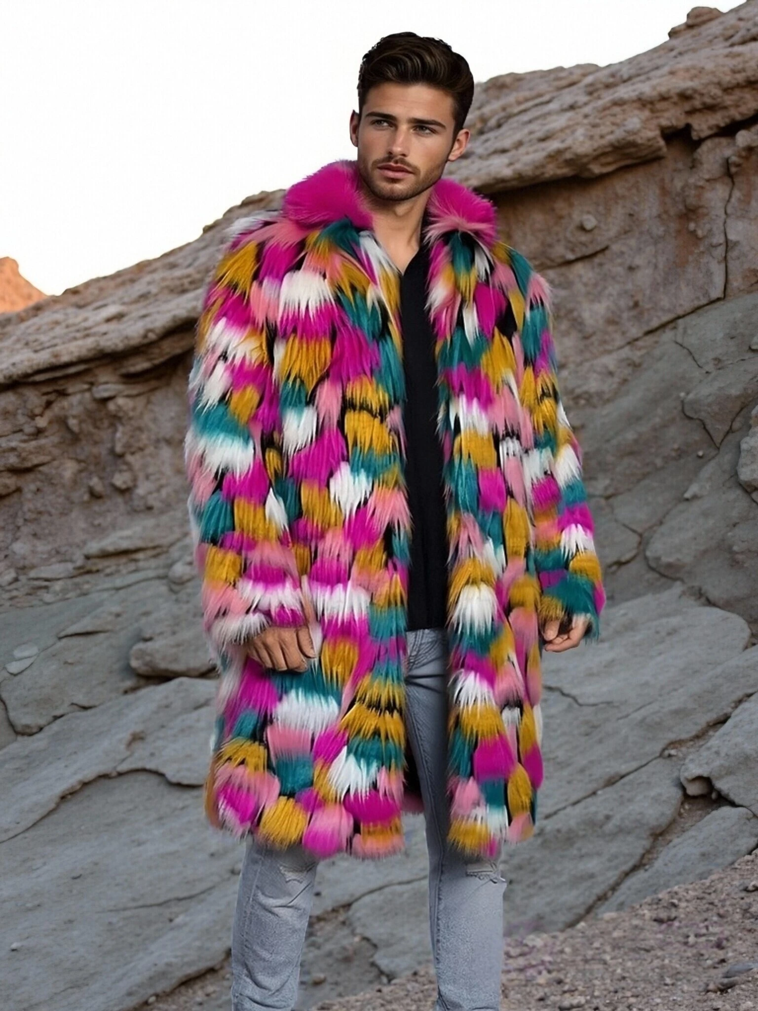 Men's Rainbow Multicolor Patchwork Faux Fur Coat 2026 Winter Long Length Fluffy Warm Luxury Jacket for Daily Party Streetwear
