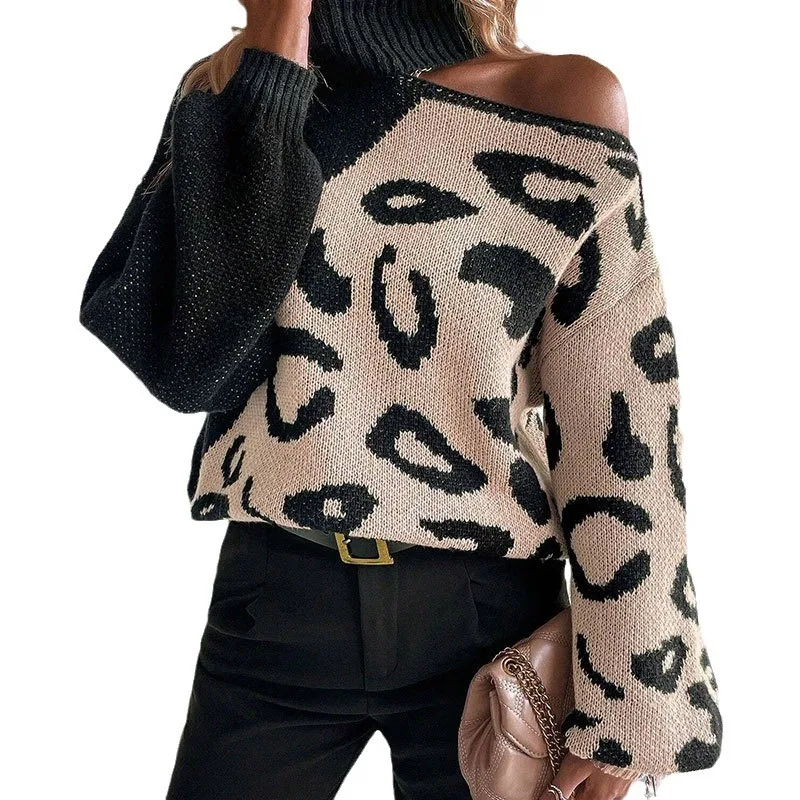 Pullover Knit Sweater Leopard Print Cut Out Sweater Winter Long Sleeve Warm Oversized Loose Sweaters Casual Pullovers Sweater