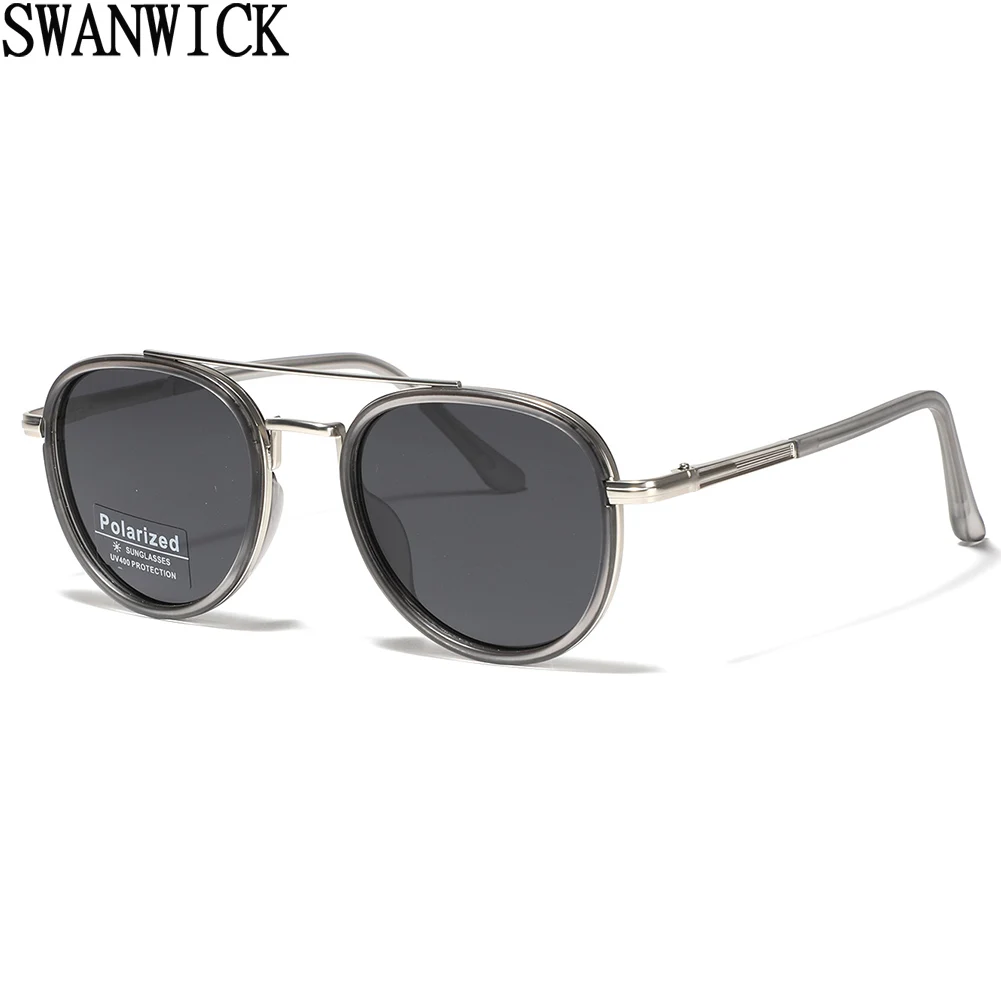 Swanwick metal polarized sun glasses men double bridge TR90 round sunglasses for women driving male black brown gifts items