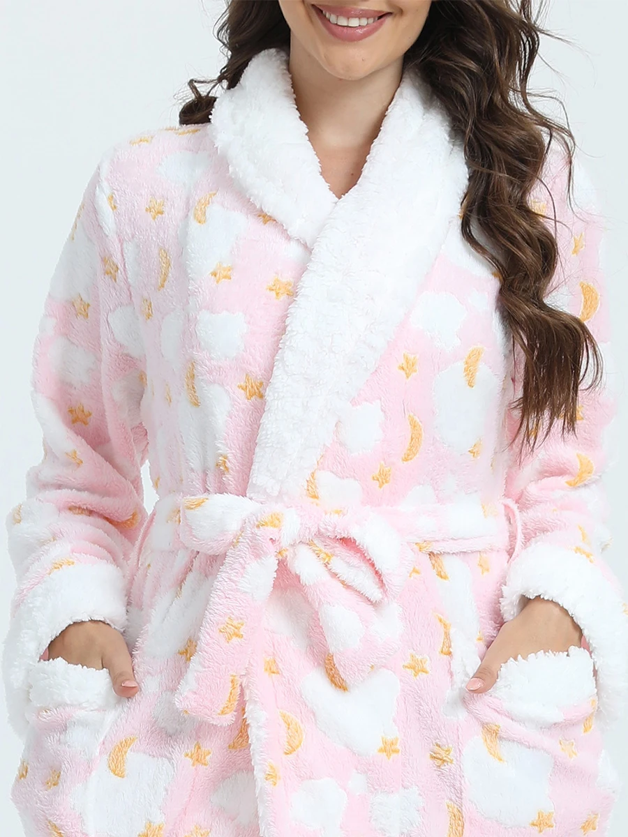 Women Shawl Collar Flannel Robes Plush Fall Winter Thick Long Sleeve Robes Soft Warm Spa Bathrobes Loungewear Travel Hotel