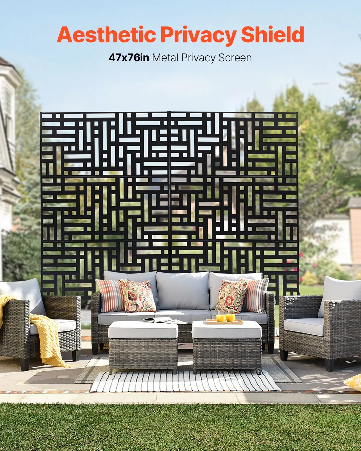 Paravent, 120x50,8x193 cm, écran de protection pour l'extérieur, cloison autoportante avec support, séparateur de pièce décoratif en acier pour balcon, terrasse, intérieur, spa, noir