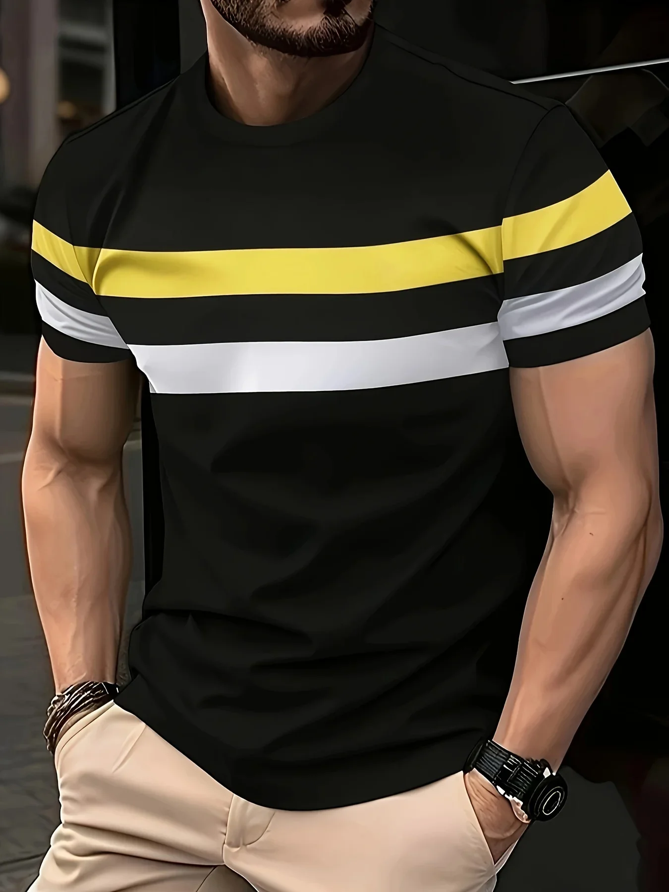 Fashion Men's Color Block Striped T-Shirt Crew Neck Short Sleeve Classic Stripe Printed Casual Summer Tee Tops