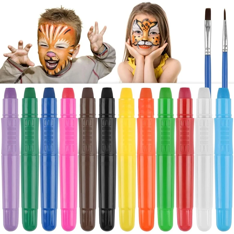 

Face Painting Kit For Kids,12 Colors Washable Twistable Face Paint Crayons With 2 Brushes For Party Halloween Cosplay