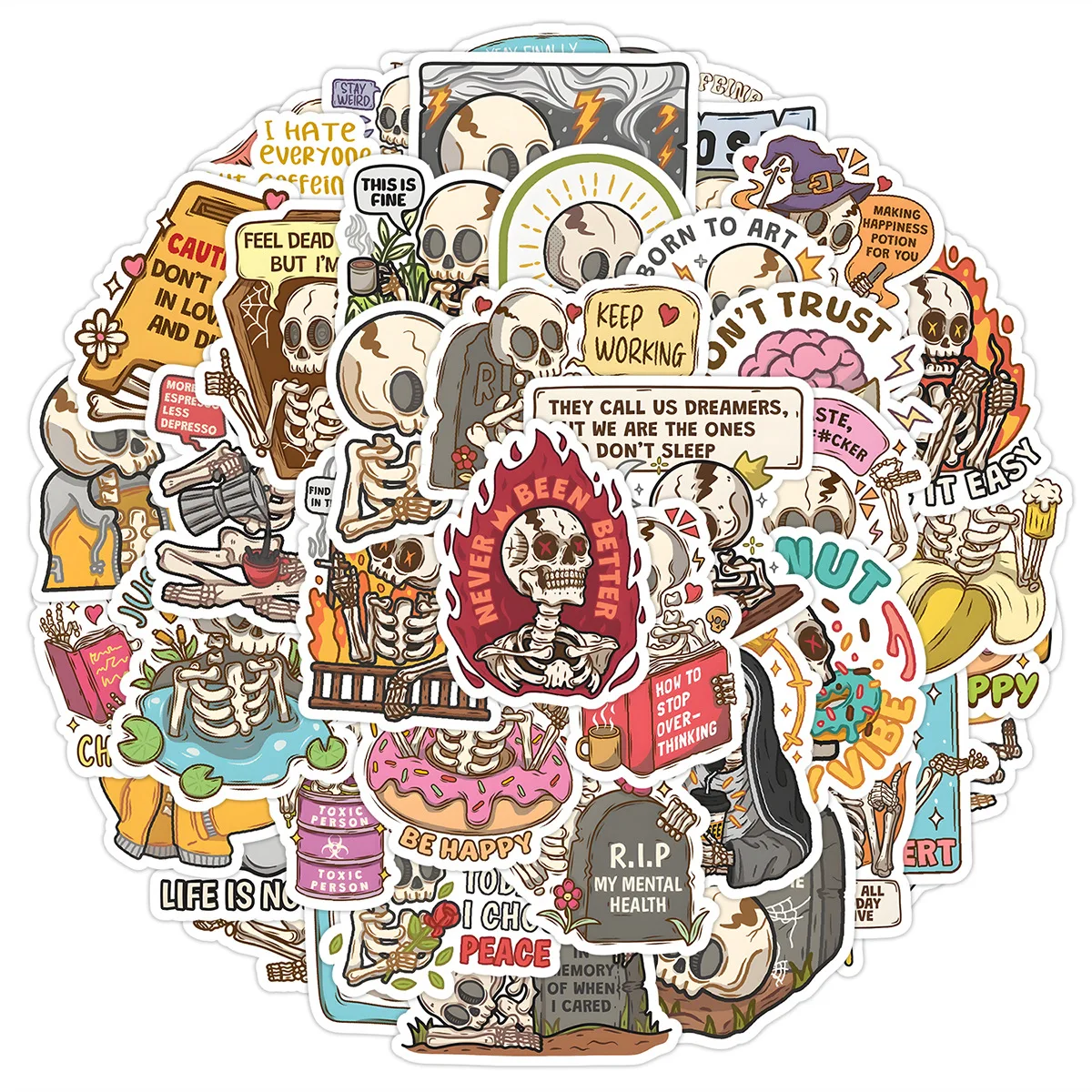 50pcs Cute Skull Phrases Aesthetic Graffiti Stickers Luggage Skateboard Laptop Guitar Sticker Decoration Decals