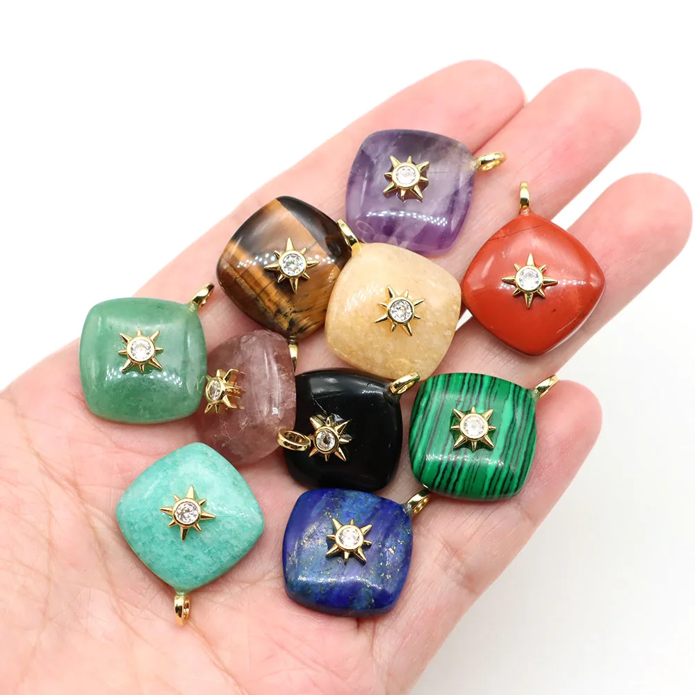 Natural Stone Starburst Pendant Zircon Inlay Amazonite Amethyst Rhombus Shape Crystals Charms for DIY Jewelry Accessories
