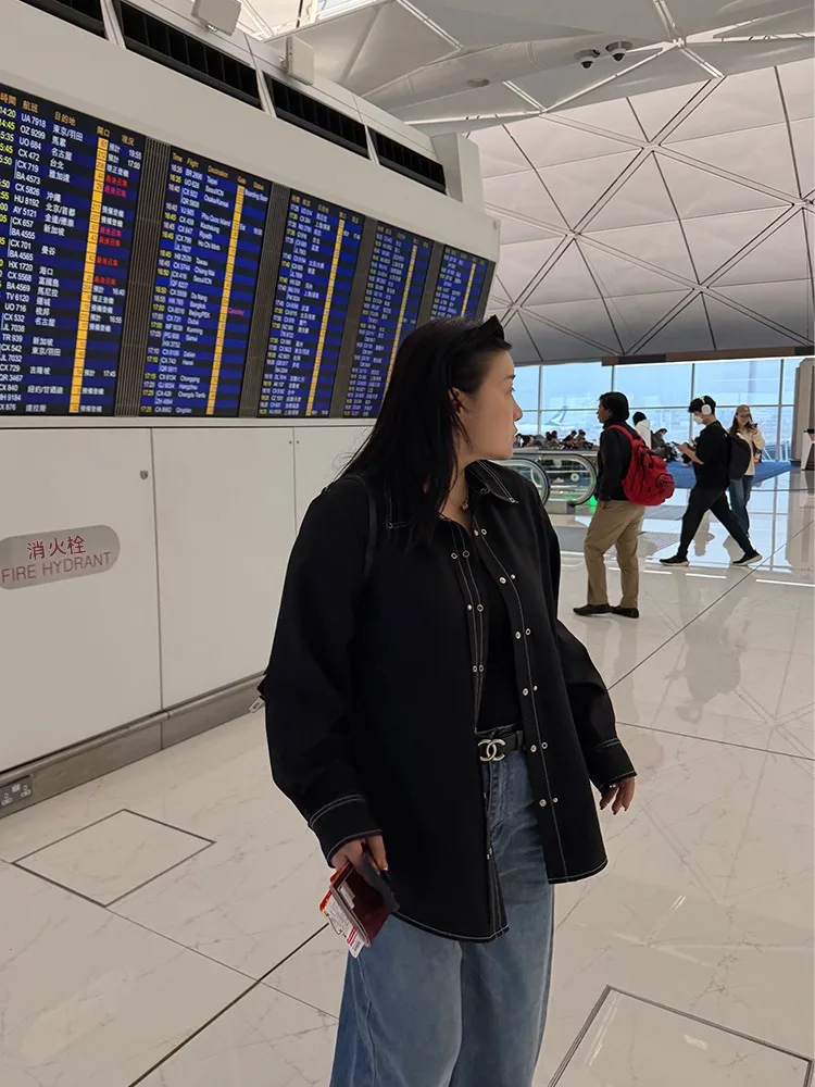 

Высококачественная повседневная свободная женская рубашка-жакет больших размеров с простым дизайном и прострочкой, прямой крой с высокой талией, подходит для любого типа фигуры