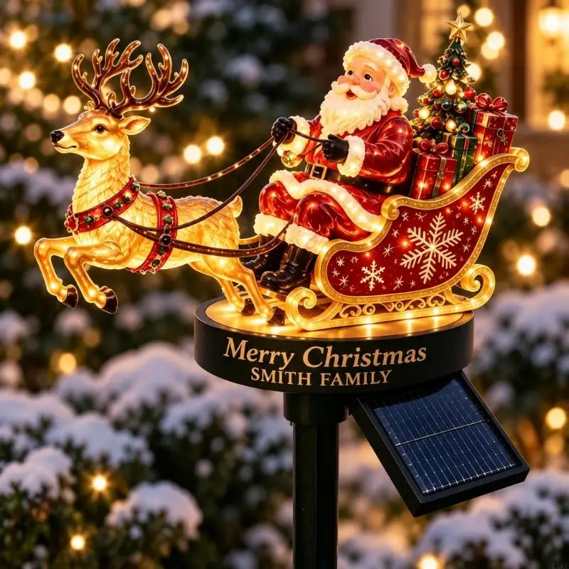 Solar Christmas Yard Stake Light with Santa Sleigh Scene, Automatic Warm LED Night Lighting for Lawns, Flower Beds, Garden KXRE