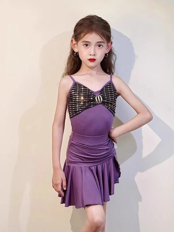 فستان لاتيني مخصص للأطفال البنات أرجواني مطبوع مثير بحزام سبليت قابل للطي نصف تنورة مجموعة ممارسة المنافسة المهنية