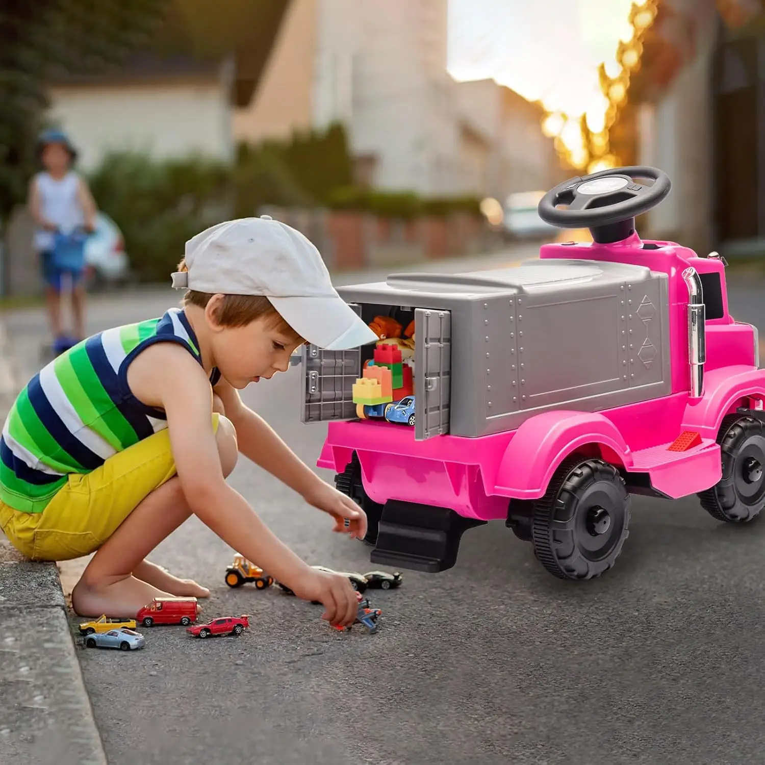 Ride on Truck pour enfants Voiture électrique avec rangement spacieux Lumières LED de musique Batterie rechargeable et bouton de démarrage facile Jouet pour tout-petits
