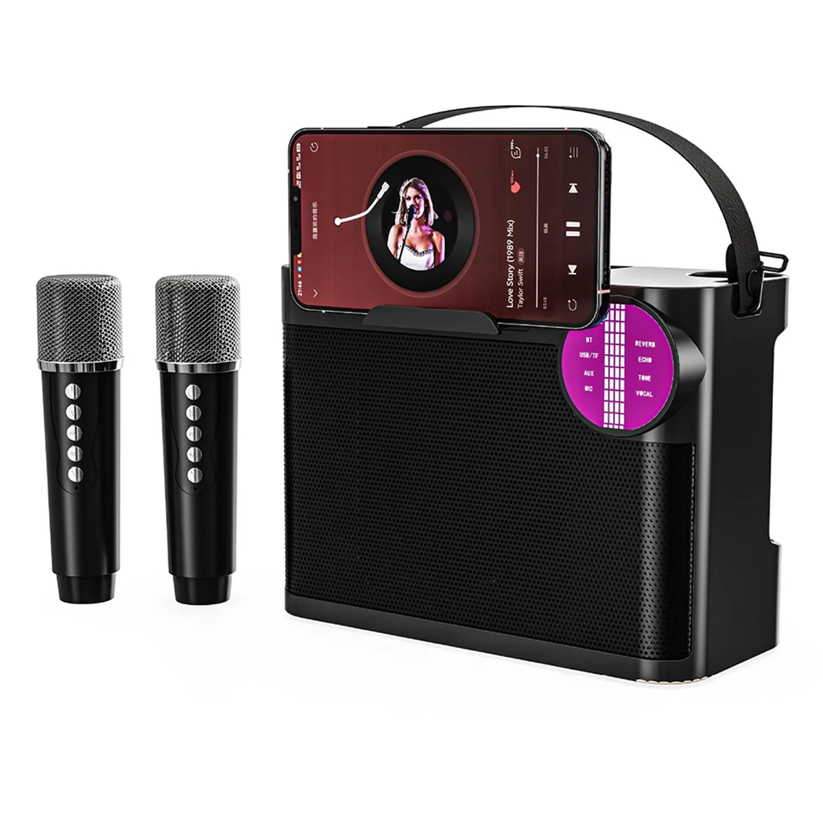 New Powerful Wireless Portable Dual Mics Bluetooth Speaker Hifi Stereo Family Party Karaoke Subwoofer with Cellphone Holder