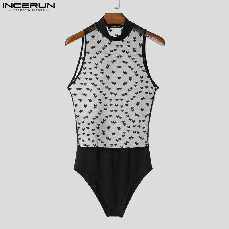 

Summer Men Bodysuits Printing Mesh Patchwork See Through INCERUN Sexy Male Rompers Sleeveless Fashion Bodysuit S-3XL Oversize