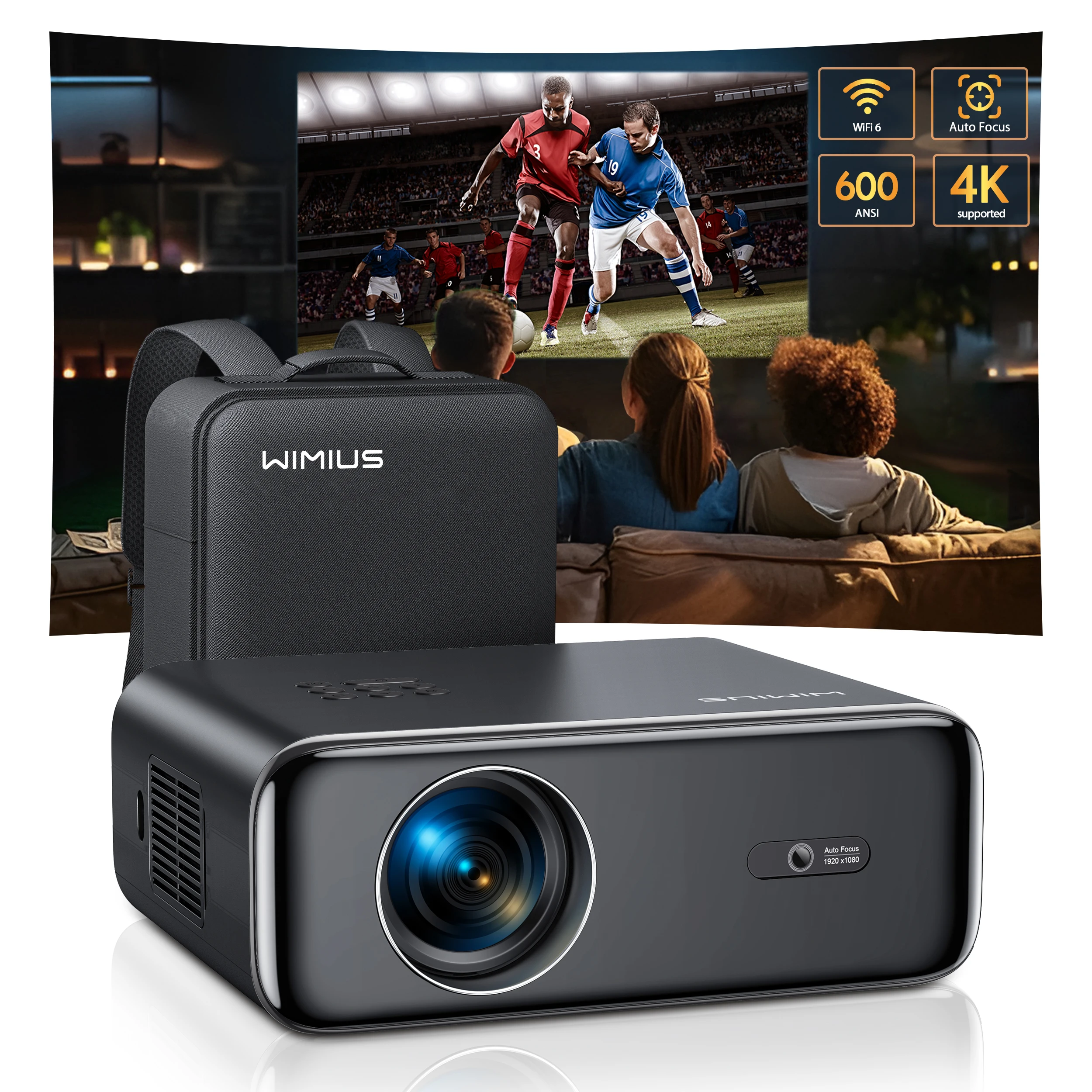 WiMiUS Auto Focus/4K Support Native 1080P Projector with WiFi 6 and Bluetooth 5.2 600ANSI Outdoor Home Projector 6D Keystone