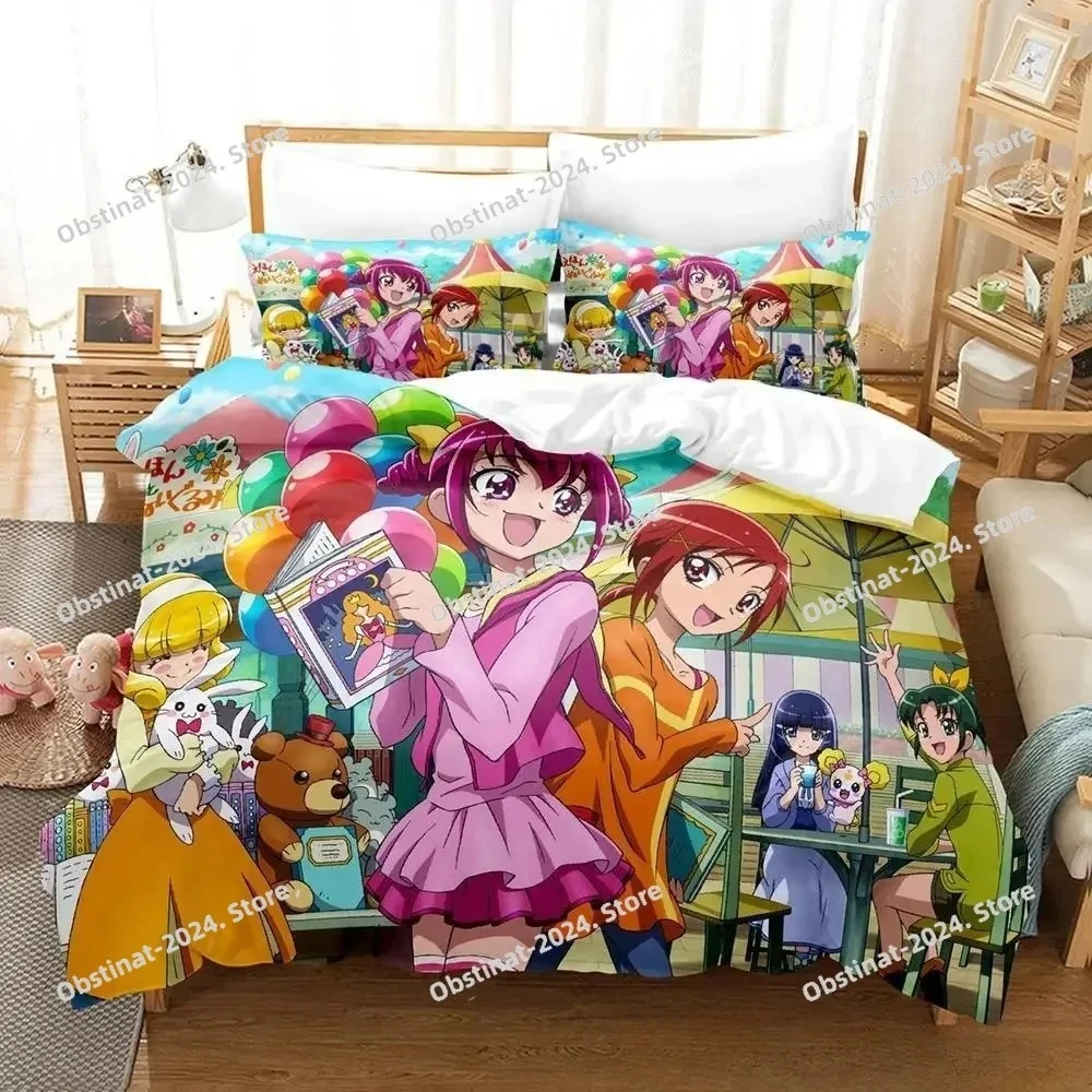 Sorriso PreCure! Conjunto de cama impresso capa edredão folha fronha cama macia colcha completa rainha rei tamanho 3d kawaii anime cama