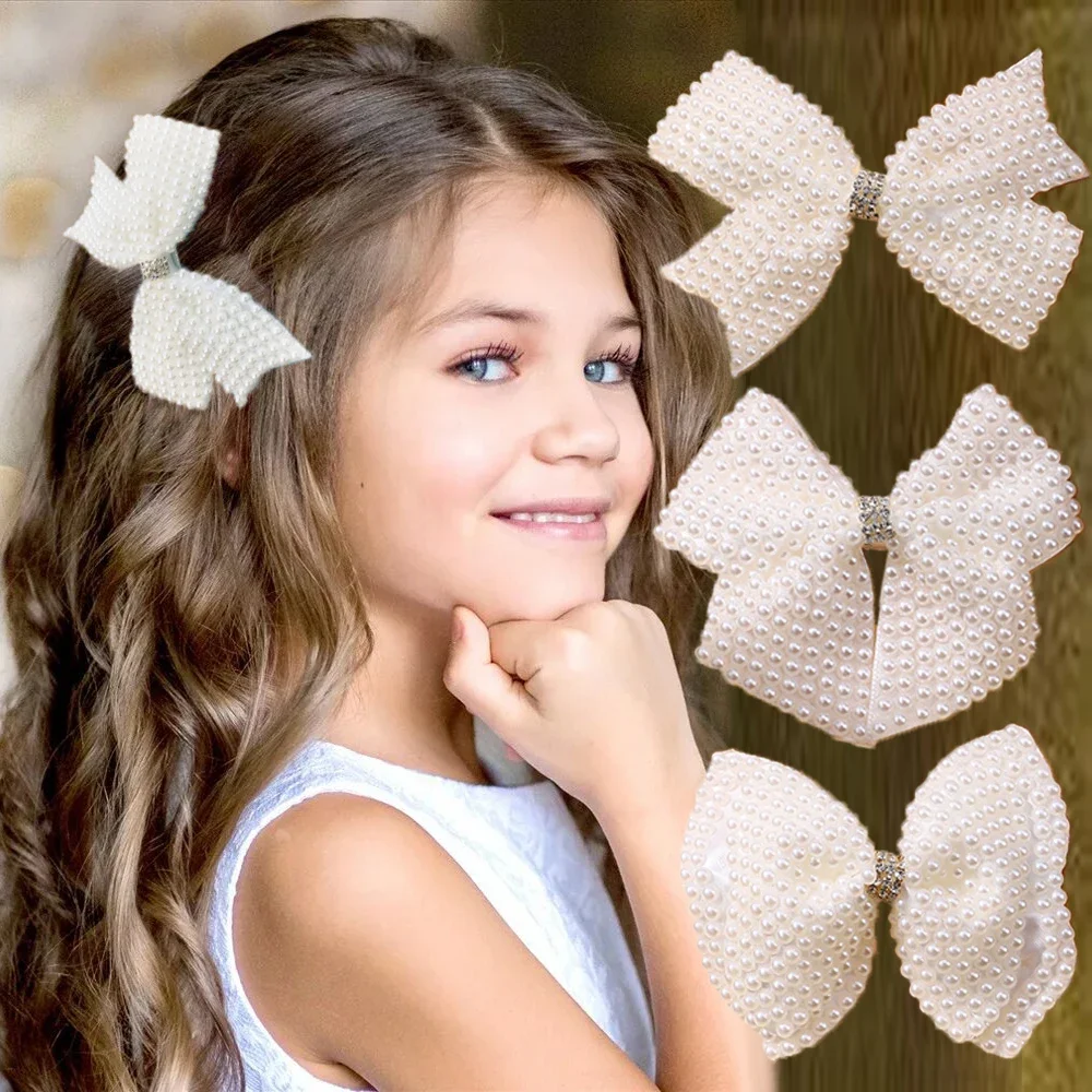 1PC New White Pearl Hair Bow Hair Clips for Girls Kids Boutique Layers Bling Rhinestone Hairpins Delicate Baby Hair Accessories