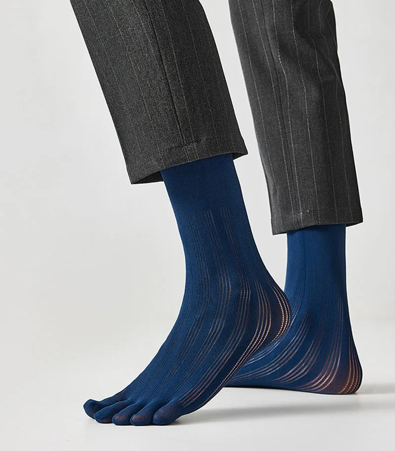 5Pairs Summer Man Silk Socks Middle Tube 5 Toe Socks Business Thin Nylon Striped Breathable Mesh Socks Split Toe Socks Formal