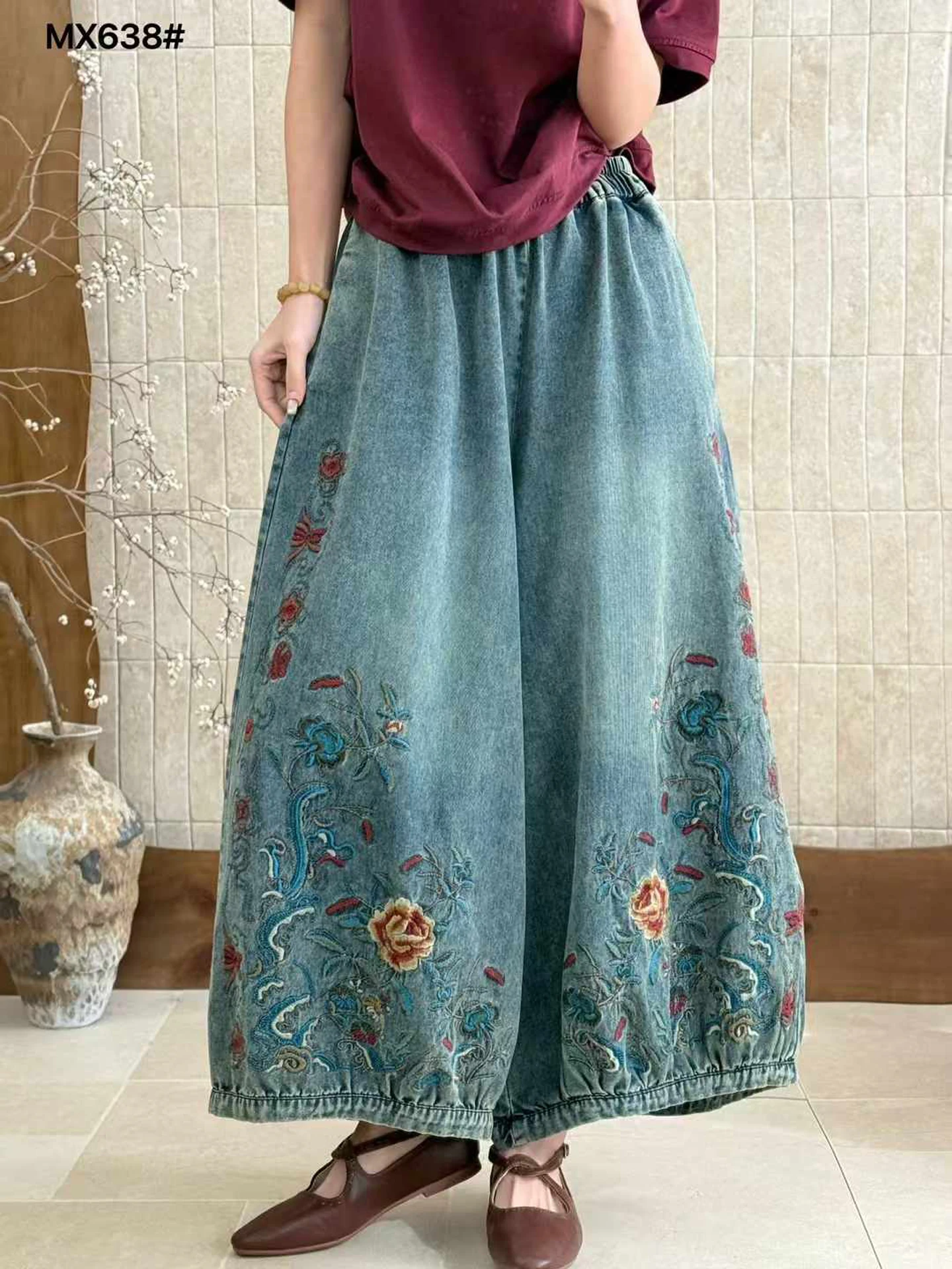 

Elegant Embroidered Ethnic Style Loose Wide Leg Lantern Pants Women's plus Size Jeans Casual Comfortable Cotton Denim