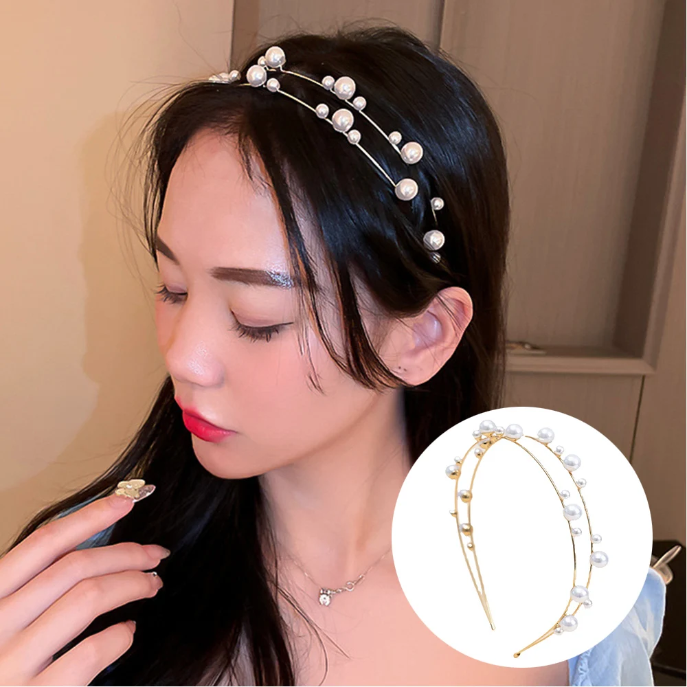 

1pcs Double Layered Pearl Hairband Cross Women Headband Pearl Hair Hoop Wedding Hair Accessories Jewelry Metal Beaded Thin DIY