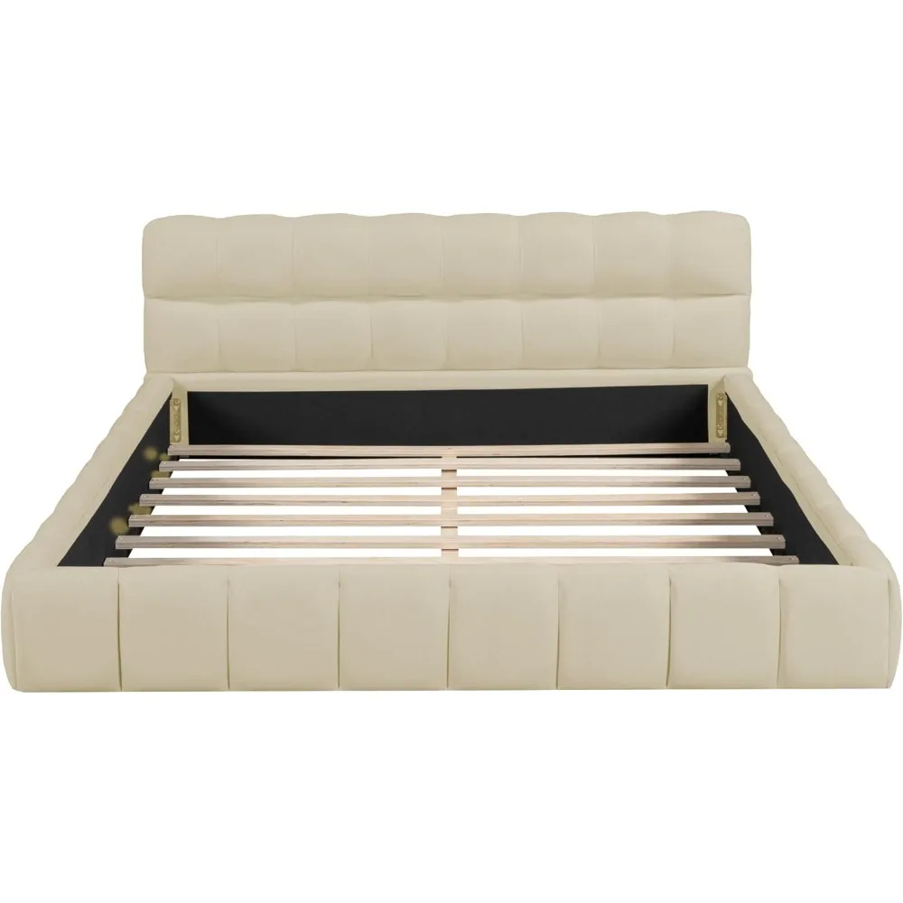 Modern Queen Upholstered Bed Frame with Wingback, Linen Low Plattform Bed, No Box Spring Needed Beige